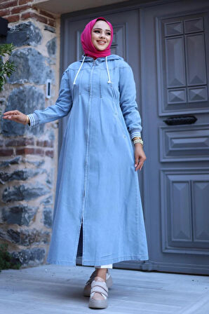 Kadın Fermuarlı Cepli Kapüşonlu Kol Ribanalı Denim Kot Kap