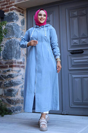 Kadın Fermuarlı Cepli Kapüşonlu Kol Ribanalı Denim Kot Kap