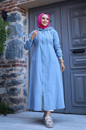 Kadın Fermuarlı Cepli Kapüşonlu Kol Ribanalı Denim Kot Kap