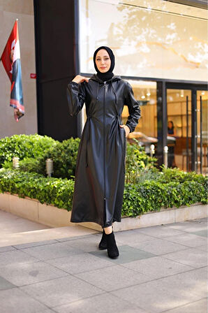 Kadın Kapüşonlu Uzun Deri Kap