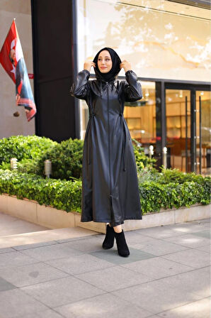 Kadın Kapüşonlu Uzun Deri Kap