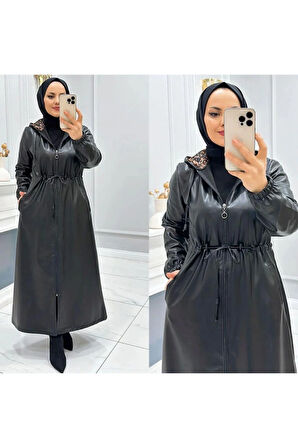 Kadın Kapüşonlu Uzun Deri Kap