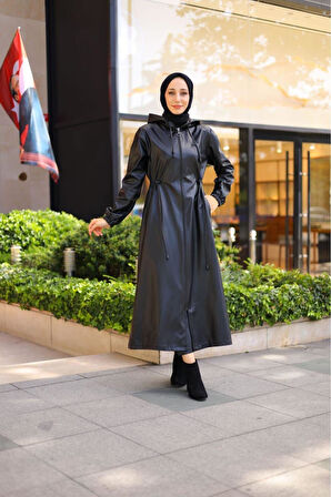 Kadın Kapüşonlu Uzun Deri Kap