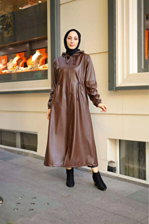 Kadın Kapüşonlu Uzun Deri Kap