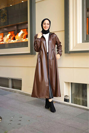 Kadın Kapüşonlu Uzun Deri Kap