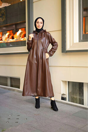 Kadın Kapüşonlu Uzun Deri Kap