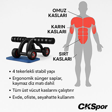 4 Tekerlekli Mekik Aleti Ab Wheel Diz Matı Hediyeli Karın Egzersiz Aleti CKS452