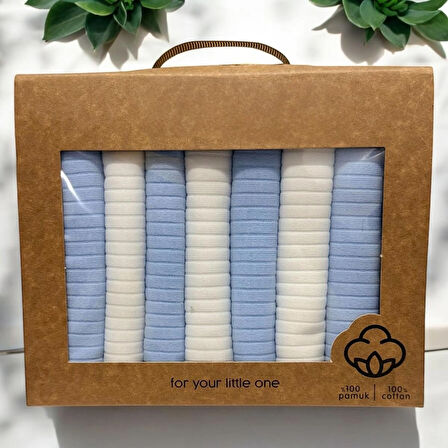 %100 Organik Pamuklu Erkek Bebek Ağız Mendili Kutulu 7'li Set Mavi Beyaz