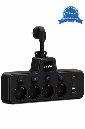 Termal Akım Korumalı 4’Lü Duvar Tipi Priz 2X Usb 2X Çıkışlı Grup Priz Çoğaltıcı Siyah (2500W)