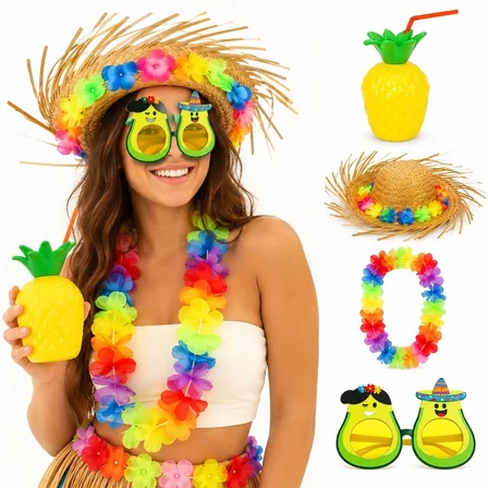 4 Parça Hawaii Parti Seti Ananas Bardak Hasır Şapka Avokado Gözlük Çiçek Kolye