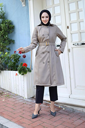 Kadın Kemerli Düğmeli Trençkot