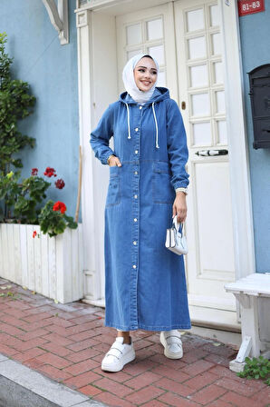 Kadın Uzun Cepli Kapüşonlu Kot Kap