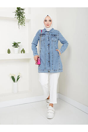 Kadın Düğmeli Kot Ceket