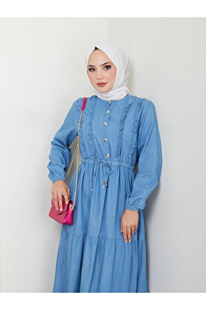 Kadın Düğme Detaylı Fırfırlı Kot Elbise