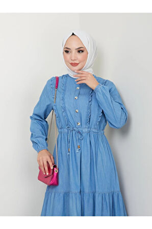 Kadın Düğme Detaylı Fırfırlı Kot Elbise