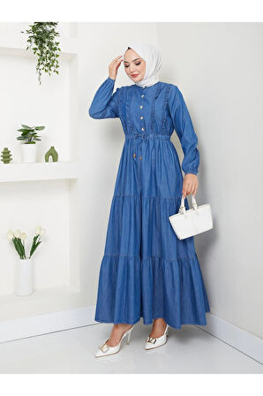 Kadın Düğme Detaylı Fırfırlı Kot Elbise