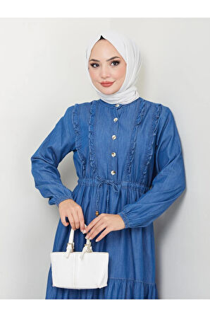 Kadın Düğme Detaylı Fırfırlı Kot Elbise