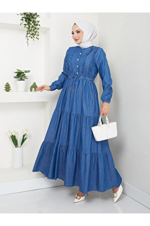 Kadın Düğme Detaylı Fırfırlı Kot Elbise