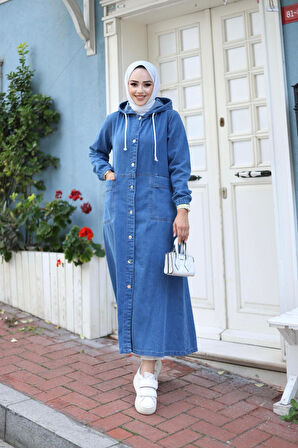 Kadın Uzun Cepli Kapüşonlu Kot Kap