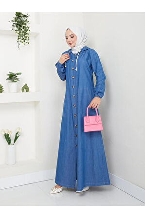 Kadın Düğmeli Kapüşonlu Kot Ferace