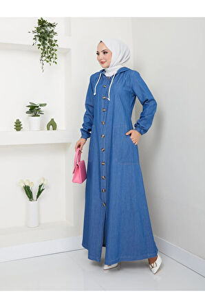 Kadın Düğmeli Kapüşonlu Kot Ferace