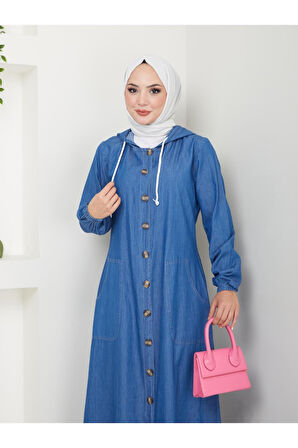 Kadın Düğmeli Kapüşonlu Kot Ferace