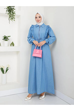 Kadın Fermuar Detaylı Fırfırlı Kot Elbise