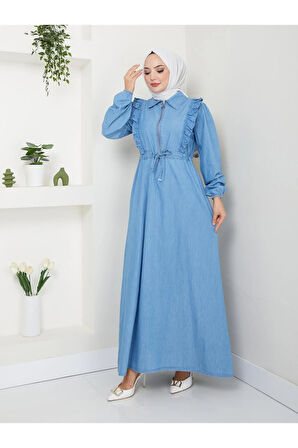 Kadın Fermuar Detaylı Fırfırlı Kot Elbise