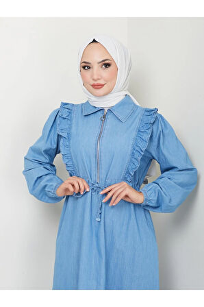 Kadın Fermuar Detaylı Fırfırlı Kot Elbise