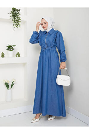 Kadın Fermuar Detaylı Fırfırlı Kot Elbise