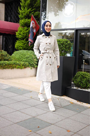 Kadın Kemerli Düğmeli Trençkot