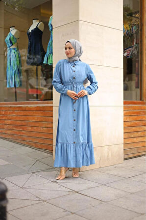 Kadın Düğmeli Belden Sıkmalı Kot Elbise