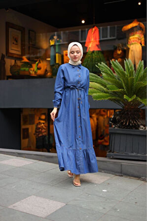 Kadın Düğmeli Belden Sıkmalı Kot Elbise