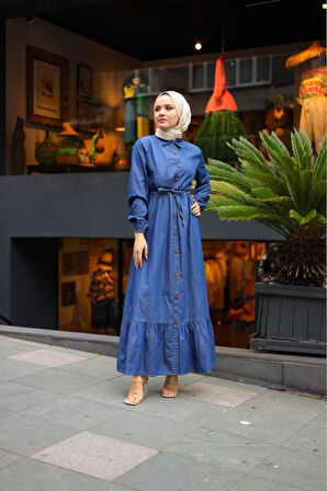 Kadın Düğmeli Belden Sıkmalı Kot Elbise