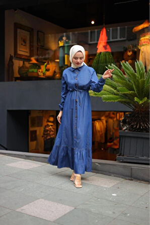 Kadın Düğmeli Belden Sıkmalı Kot Elbise