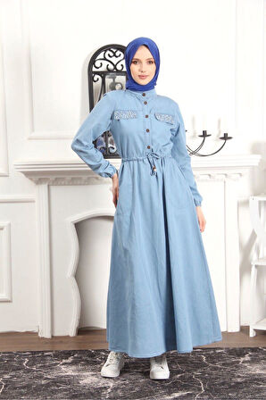 Kadın İnci Taş Detaylı Belden Sıkmalı Kot Elbise