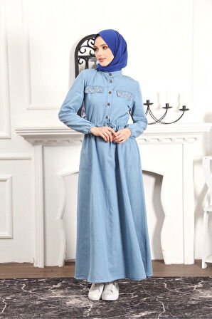 Kadın İnci Taş Detaylı Belden Sıkmalı Kot Elbise