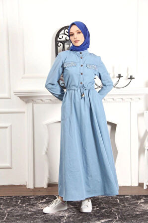 Kadın İnci Taş Detaylı Belden Sıkmalı Kot Elbise