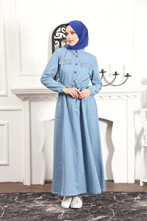 Kadın İnci Taş Detaylı Belden Sıkmalı Kot Elbise