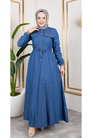 Kadın İnci Taş Detaylı Belden Sıkmalı Kot Elbise