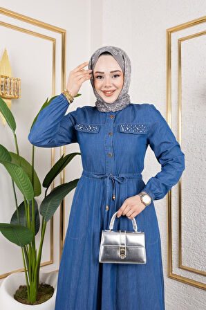 Kadın İnci Taş Detaylı Belden Sıkmalı Kot Elbise