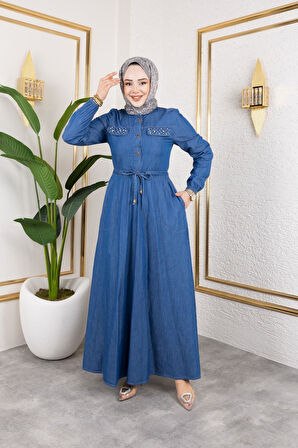 Kadın İnci Taş Detaylı Belden Sıkmalı Kot Elbise