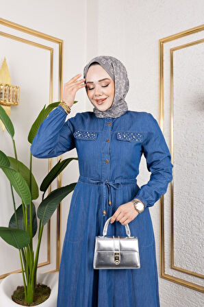 Kadın İnci Taş Detaylı Belden Sıkmalı Kot Elbise