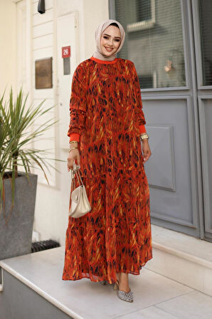 Kadın Yaprak Desenli Şifon Elbise