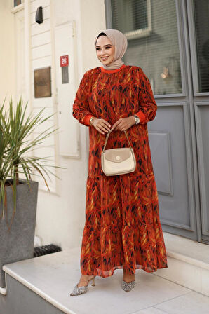 Kadın Yaprak Desenli Şifon Elbise