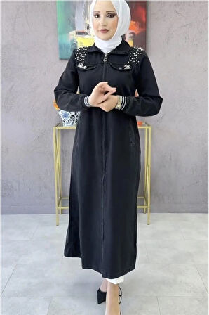 Kadın Taş Detaylı Fermuarlı Kot Kap