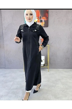 Kadın Taş Detaylı Fermuarlı Kot Kap