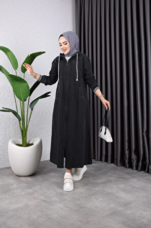 Kadın Fermuarlı Cepli Kapüşonlu Kol Ribanalı Denim Kot Kap