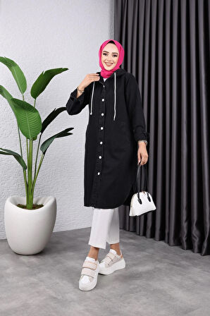 Kadın Kapüşonlu Uzun Kot Ceket