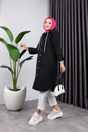 Kadın Kapüşonlu Uzun Kot Ceket